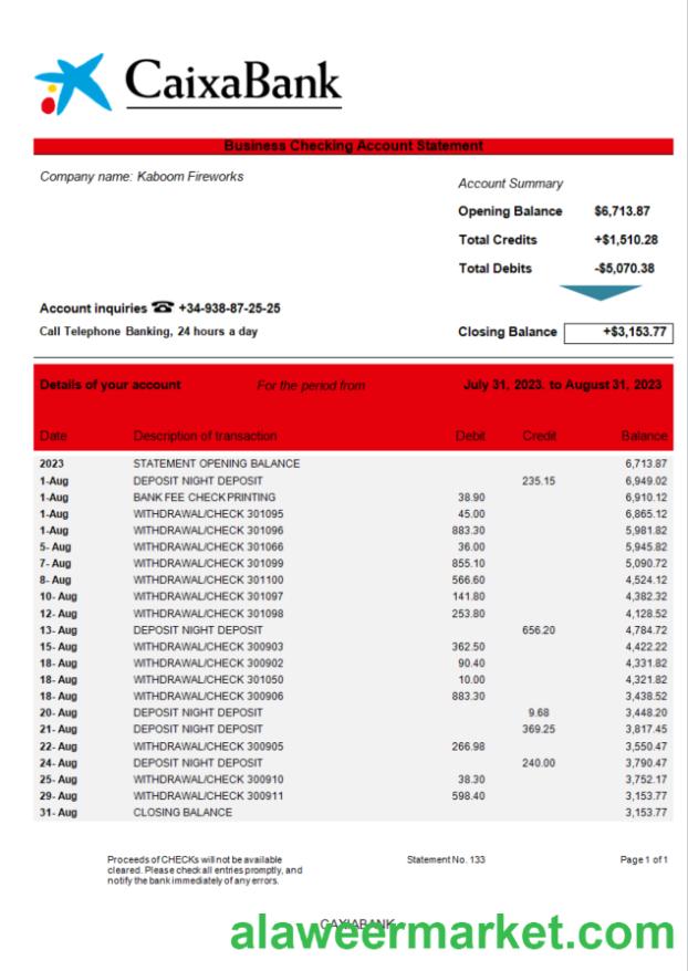 CAIXABANK company bank statement Word and PDF template